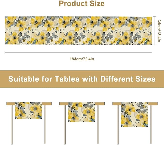 Floral Table Runner,Yellow Flowers Spring Print Table Cloth Kitchen Dining Table Home Party Decoration 13x72 Inch