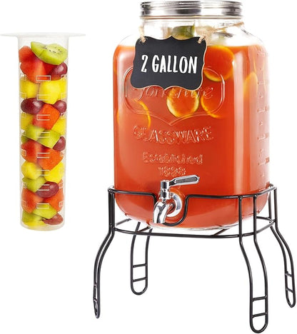 2 Gallon Glass Drink Dispenser for Parties, Beverage Dispenser with Stand, Lemonade Dispenser with 18/8 Stainless Steel Spigot, Leakproof for Sun Tea, Juice, Picnic, BBQ & Bars
