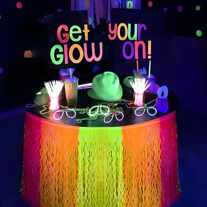 Mega-L Glow in The Dark Party Supplies, 4 Pack Neon Party Decorations Fluorescent Macaron Orange, Yellow and Fuchsia Wavy Metallic Tinsel Foil Fringe Table Skirts, Perfect Table Decors Glow Decors