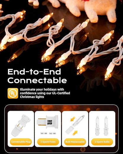 Brightown-Christmas-String-Lights, 100-Count 26.5ft Clear Incandescent Bulb Mini Lights for Indoor Holiday Decor, Christmas Tree Garland Wedding Party Multi-Use Decoration, White Wire