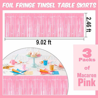 3 Pack 29 x108 Inch Macaron Pink Foil Fringe Table Skirts Metallic Banner for Tinsel Streamer Garland Backdrop for Parade Floats Mother's Day, Graduate, Birthday, Wedding Party Decoration