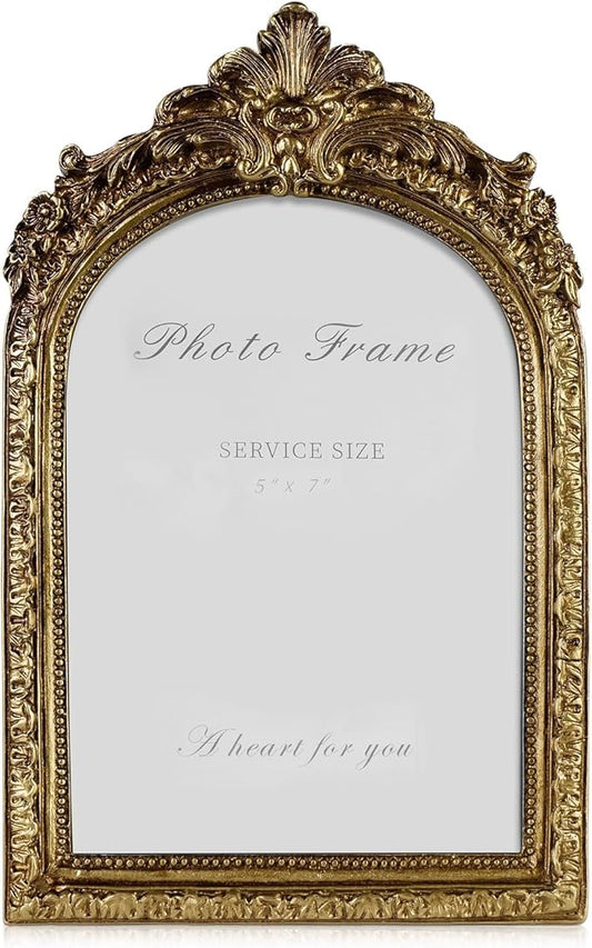 Cuspin 5x7 Gold Picture Frame, Vintage Gold Ornate Resin Photo Frame with Glass Front for Tabletop and Wall Mounting, Antique Picture Frames Photo Gallery for Home Office Decor
