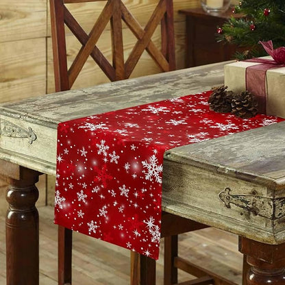 Christmas Snowflakes Cotton Linen Table Runner for Dining Kitchen, Red Xmas Winter Snow Wedding Outdoor Party Tablerunners Decoration, New Year Dresser Scarf Coffee Tablecloth Runners 13x108 Inches