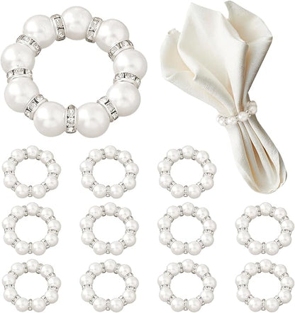 12Pcs Pearl Napkin Rings, Round Napkin Buckles Wedding Beaded White Napkin Rings Silver Napkin Ring Holder for Formal Dinner Reception Party Banquet Table Decor (Sliver)