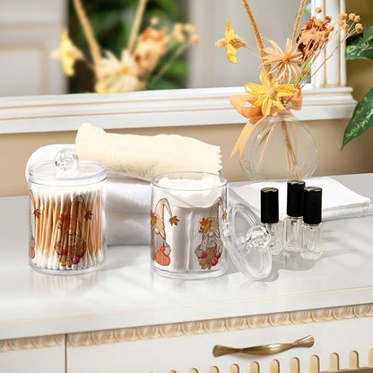Gredecor 4 Pack Apothecary Jars with Lid Fall Gnome Maple Pumpkins Qtip Holder Dispenser Storage Containers Clear Plastic Cute Fall Autumn Thanksgiving Theme Canisters for Bathroom Vanity Organization