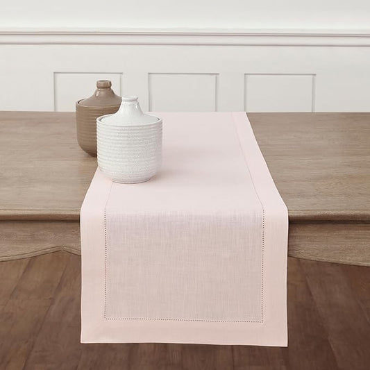 Solino Home Linen Pink Table Runner 36 Inches - Classic Hemstitch, 100% Pure Linen Coffee Table Runner 14 x 36 Inch Ideal for Dresser Tables - Halloween