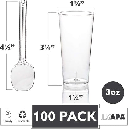 Ilyapa 3oz Plastic Dessert Cups - 100 Pack Mini Dessert Cups with Spoons - Clear Reusable Small Appetizer Cup for Cheesecake Shooters, Chocolate Mousse, Parfait - Party and Catering Supplies - Round