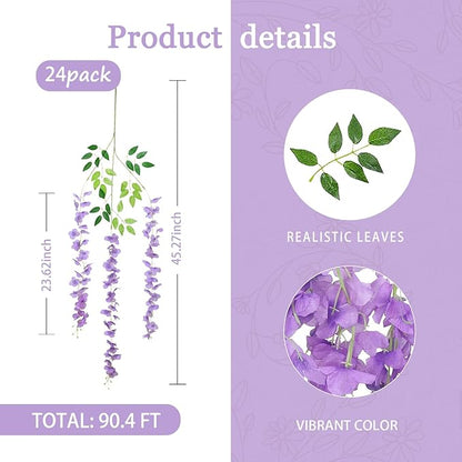 24 Pack Light Purple Wisteria Hanging Flowers Garland, 3.77 Feet Artificial Flower Vines, Fake Wisteria, Artificial Vines Hanging Garland for Backdrop Outdoor Yard Garden Decor