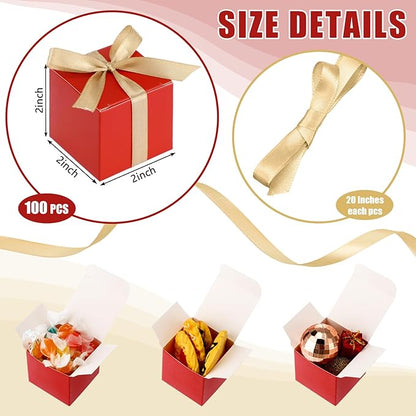 Jutom 100 Pcs Mini Favor Boxes Extra Small Candy Boxes Paper with Gold Ribbon for Christmas Thanksgiving Day Birthday Wedding Anniversary Supplies(2 x 2 x 2 Inch,Red)