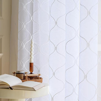 Sheer Curtains White 63 Inches Embroidered Wave Diamond, Rod Pocket Voile Drapes for Living room, Bedroom, Window Treatments Semi Crinkle Curtain Panels for Yard, Villa, Parlor, Set of 2, 52"x 63".