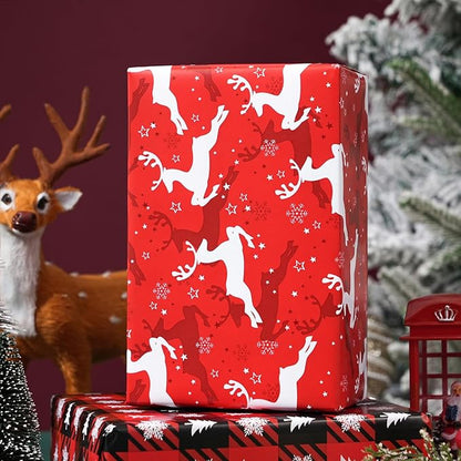 Ulmasinn Reversible Christmas Wrapping Paper Roll - 17" x33ft Double-Sided Designs with Red Nordic Reindeer & Geometric Snowflake, Xmas Gift Wrap for Presents, Table Decor & Crafting