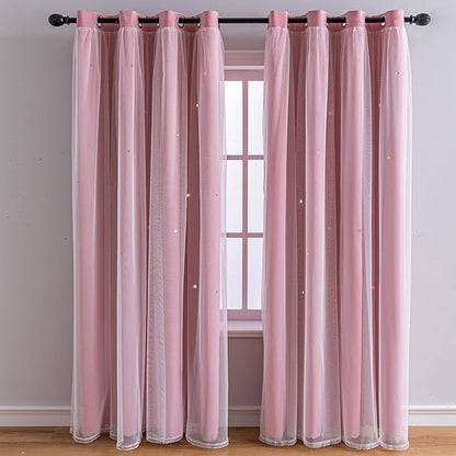 FANLI 2 Panels Star Blackout Curtains for Kid Girls Bedroom Living Room Darking Stripe Double Layer Star Cut Out Wall Home Decor Gradient Grommet Window Curtains (Pink 95L)