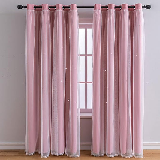 FANLI 2 Panels Star Blackout Curtains for Kid Girls Bedroom Living Room Darking Stripe Double Layer Star Cut Out Wall Home Decor Gradient Grommet Window Curtains (Pink 95L)