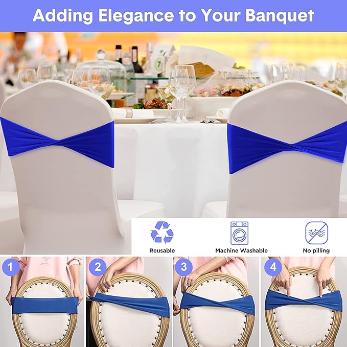 VDS Pack of 100 PCS | Navy Blue | Spandex Chair Sashes Bows Without Buckle | Stretch Elastic Banquet Universal Folding Chair Band Tie with for Wedding Party Conference Celebration Event Decoration