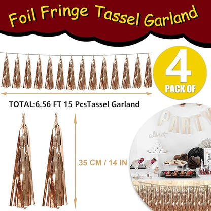 4P Champagne Gold Foil Fringe Tassel Banner Garland Metallic Tinsel Streamers Wall Hanging Curtain Backdrop Banner for Parade Floats, 2024 Graduation Decorations, Wedding Party Decoration