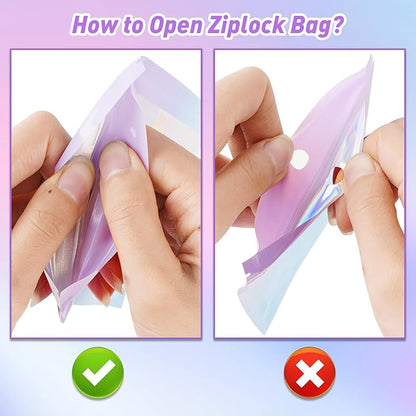 Funfery 100 Pack Gradient Holographic Bags,Mylar Resealable Bags with Zipper,Clear Window Packaging Pouch,Smell Proof Bag for Food Storage,Sample Jewelry Baggies(3.5×4.7in,Purple Blue)