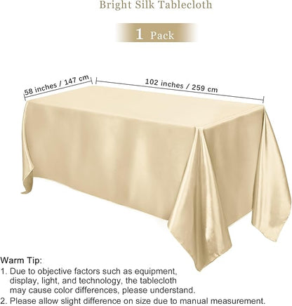 TURSTIN 1 Pack Champagne Satin Tablecloth 102 x 58 Inch Overlay Satin Table Cover Rectangle Bright Silk Tablecloth Smooth Fabric Table Decoration for Wedding Banquet Party Events