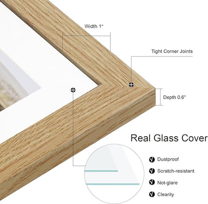 8x10 Picture Frame Set of 2, Natural Oak Wood Frame with Glass Collage Frame, Display Pictures Two 4x6 With Mat or 8 x 10 Without Mat - Horizontal or Vertical Wall Mounting
