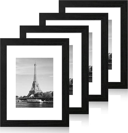 9x12 Picture Frame Set of 4 with Tempered Glass, Black Frames Display 6x8 Picture with Mat or 9 x 12 Without Mat, Wood Photo Frames for Tabletop Display and Wall Mounting