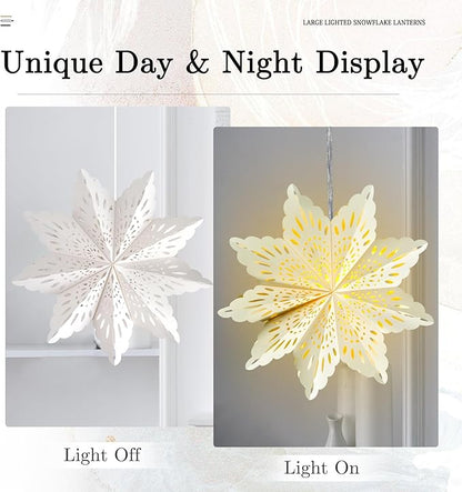 10 Pcs Christmas Paper Snowflake Lanterns, Large Christmas Paper Star Lanterns with LED Lights White Hanging Snowflake Lamp Ornaments for Xmas Winter Frozen Weddings Birthday Holiday Party Decorations