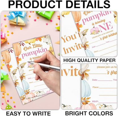 Pumpkins First Birthday Party Invitations for Baby Girl Little Pumpkin 1st Birthday Party Fill in Invites Cards With Envelopes (20 Count), Double Sided Design
