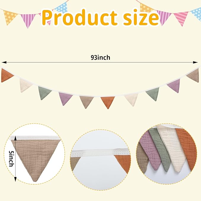 Oudain 15.5 ft Pennant Banner Flags, 2 Pcs Nursery Garland Triangle Bunting Flag Baby Banner for Nursery Decor Baby Birthday Boho Wedding Shower Party Event, Each 7.75 ft(Rich Color)