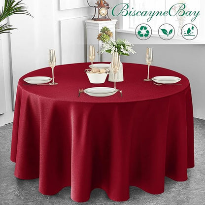 Biscaynebay Textured Fabric Round Christmas Table Cloths 108", Red Water Resistant Folding Table Covers for Dining, Kitchen, Wedding and Parties etc. Machine Washable