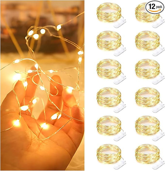 12 Pack Fairy Lights Battery Operated String Lights，7FT 20LED Waterproof Silver Wire Christmas Lights Outdoor,Firefly Mini Lights for Bedroom Party Birthday Wedding Home Decor