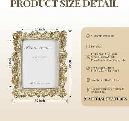 Cuspin 6x8 Picture Frame Vintage Gold Frames, Gold Palm Leaves Textured Hand-Crafted Resin Frames with Glass Front, Elegant Retro Decorative Photo Frame for Wall and Tabletop Display Home Decor