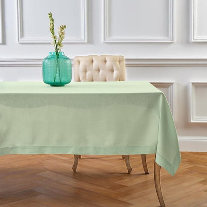 Solino Home Linen Tablecloth for Rectangle Tables 60 x 90 Inch - Classic Hemstitch 100% Pure Linen Light Green Table Cloth - Machine Washable Cloth Tablecloth