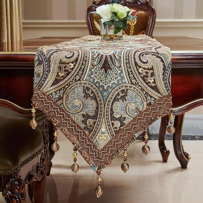 Luxury Vintage Design Table Runner 90 inches Long Embroidery Jacquard Fabric with Multi-Tassels Table Runners for Dining Room Dresser Wedding Holiday Party Fireplace Decorations (Coffee, 12X90inch)