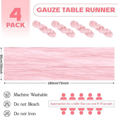 Aktor 4 Pack Pink Table Runner Boho Cheesecloth Table Runner Semi Sheer Gauze Fabric Runners for Wedding Birthday Baby Shower Party Boho Table Decoration（Pink）