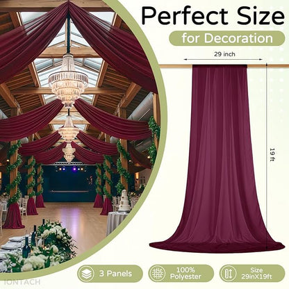 Wedding Arch Draping Fabric 29" x 19Ft Sheer Drapes for Backdrop Wedding Ceremony Reception Ceiling Decor Curtain Baby Bridal Shower Decoration (Burgundy, 3 Panels)
