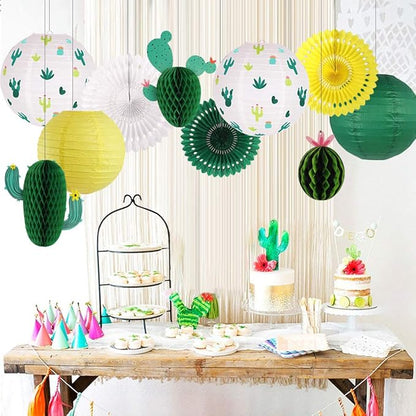 Cactus Party Decorations, Hawaiian Party Supplies Tropical Hanging Paper Lanterns Cactus Honeycomb Tissue Paper Fans for Llama Birthday Luau Party Decorations (Green)