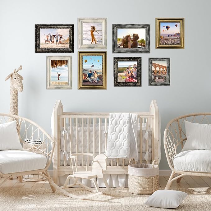 8x10 Picture Frames Set of 4- Rustic Retro Photo Frame with Real Glass Wall Mount and Tabletop Display Family Friends Wedding Gift