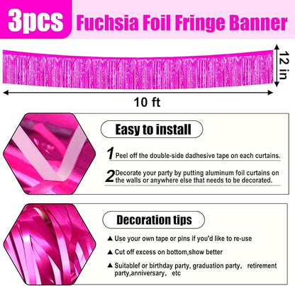 3 Pack 10 Long Rose Red Metallic Foil Fringe Garland Wall Hanging Tassle Banner, Mother's Day, Easter, Parade Floats, Birthday, Theme Party, Wedding Party Decorations