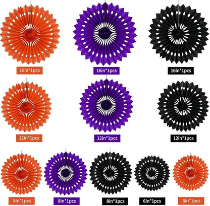 BEISHIDA Black Orange Purple Hanging Honeycomb Round Paper Fans Decoration Set for New Year Baby Shower Halloween Birthday Wedding Photo Booth Backdrops Anniversary Paper Party Supplies 11packs