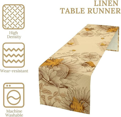Vintage Bee Table Runner, Rustic Retro Wildflowers Print Home Farmhouse Table Cover for Party Indoor Outdoor Decoration Kitchen Dining Table Decor, 13x108inch
