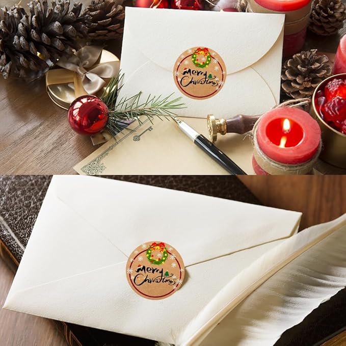 100-1000pcs Custom Stickers Merry Christmas Stickers Personalized Labels Adhesive Xmas Decorative Envelope Seals Stickers for Cards Gift Boxes (Round Kraft -3)