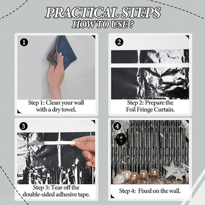 3 Pack Foil Fringe Backdrop - Laser Black Shiny Tinsel Curtains for Party Decoration/Photo Booth Props - 3.3x8.2 FT Metallic Foil Backdrop for Birthday, Wedding, Graduation, Christmas.