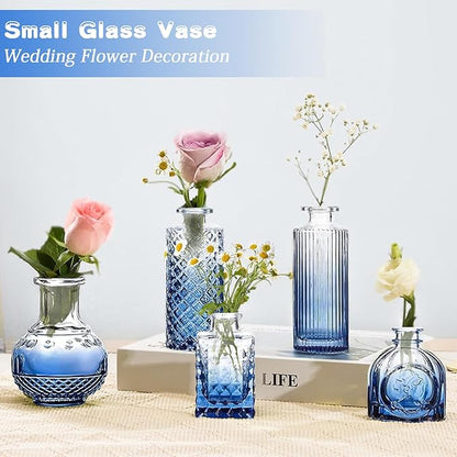 Bud Vases Set of 24, Gradient Blue Vintage Small Vases for Flowers, Clear Crystal Mini Glasses in Bulk, Small Flower Design for Centerpieces Wedding Home Flower Party Decor