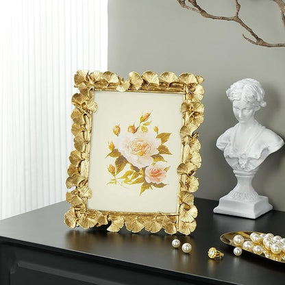 Cuspin 6x8 Picture Frame Gold, Vintage Ornate Leaf Textured Hand-Crafted Resin with Glass Front Antique Photo Frame for Tabletop Display, Retro Design Home Decor