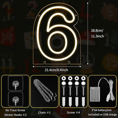 Number 6 LED Neon Sign Backdrop Birthday Party Decoration, 11.3" 11.3" Height Warm White Marquee Six Numbers Light Up Sign for Wedding Anniversary Window Wall Table, Indoor Battery Operated or USB