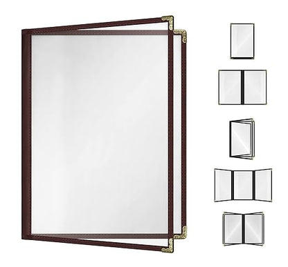 Goodsmart Restaurant Menu Covers - 25 Pack Brown 8.5" x 11", 2-Page/4-View, Side-Loading Vinyl Menu Holders, Clear Sleeves, Double-Stitched Edge, Leather-Style Café Menu Covers with Gold Corners