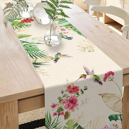 Seliem Summer Tropical Hummingbird Palm Leaf Greenery Table Runner, Spring Birds Home Kitchen Monstera Geranium Flowers Dining Decor, Seasonal Burlap Decorations Anniversary Party Supply 13 x 90 Inch