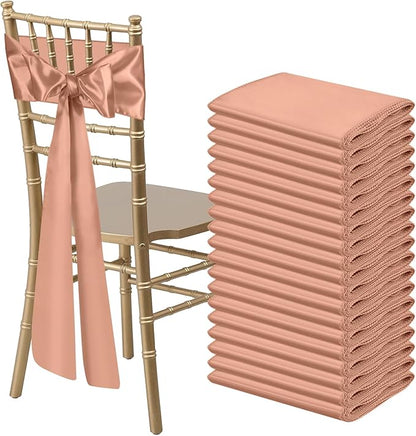 50 PCS Rose Gold Satin Chair Sashes Bows Universal Chair Ribbon Ties Back Sash for Wedding Party Reception Events Banquets Hotel Event Chair Cover Decoration (7x108 inch)