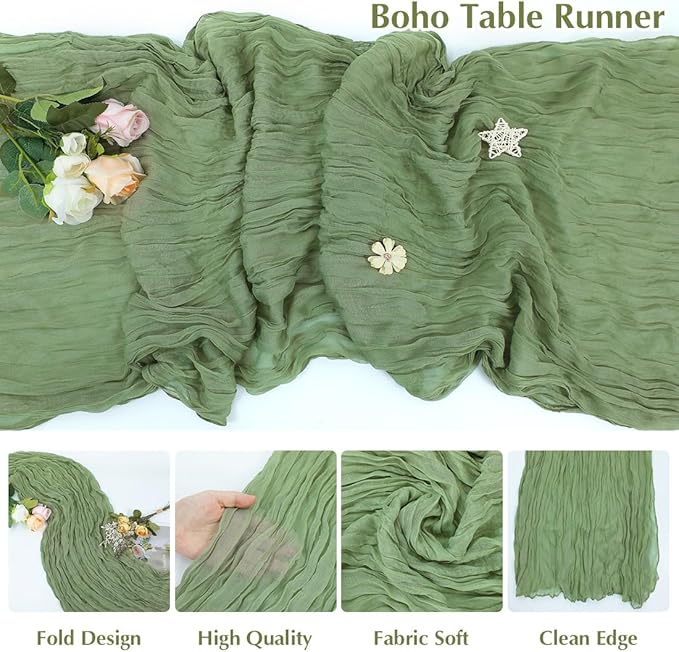 10 Pack Olive Green Cheesecloth Table Runner -21*120Inch Long Boho Wedding Table Decor, Rustic Gauze Fabric Runner for Bridal Showers, Baby Showers & Parties (Sheer, Lightweight, Wrinkled Design)