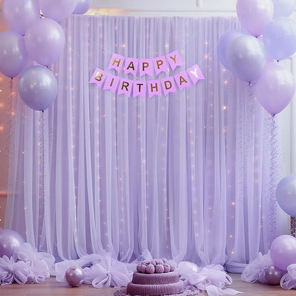 10×10ft Purple Tulle Backdrop Curtain with Lights String for Parties, Sheer Photo Curtain Backdrop Drapes for Wedding Party Photography Backgrounds
