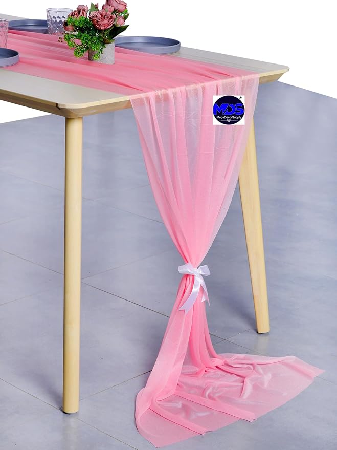 MDS 20 Pack 10ft Chiffon Table Runner 29 x 120 Inches Sheer Wedding Runner Romantic Rustic Table Runner for Wedding Decorations, Birthday Parties, Bridal Shower Party Arch Decor - Coral