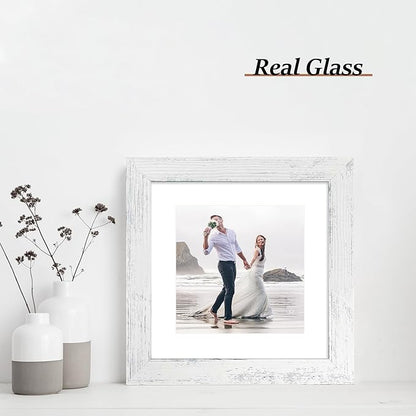 8x8 Picture Frames Set of 4 with Real Glass, Distressed White Frame Display 6x6 Pictures with Mat or 8 x 8 Without Mat, Wood Square Photo Frame for Wall Mount and Tabletop Display